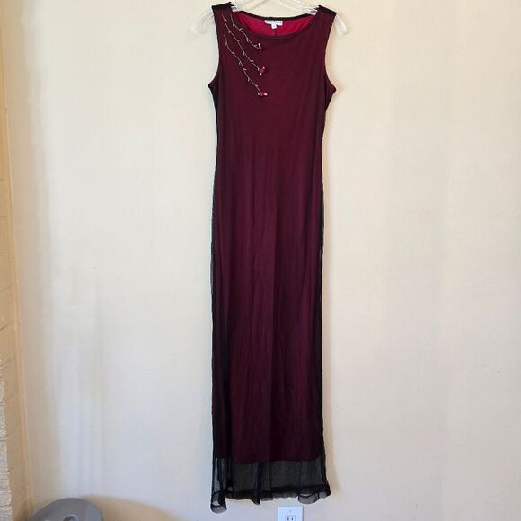 Vintage RAMPAGE Women's Maxi Dress Red- Black Mesh Overlay/ 3D Size Small Y2K - Picture 2 of 10